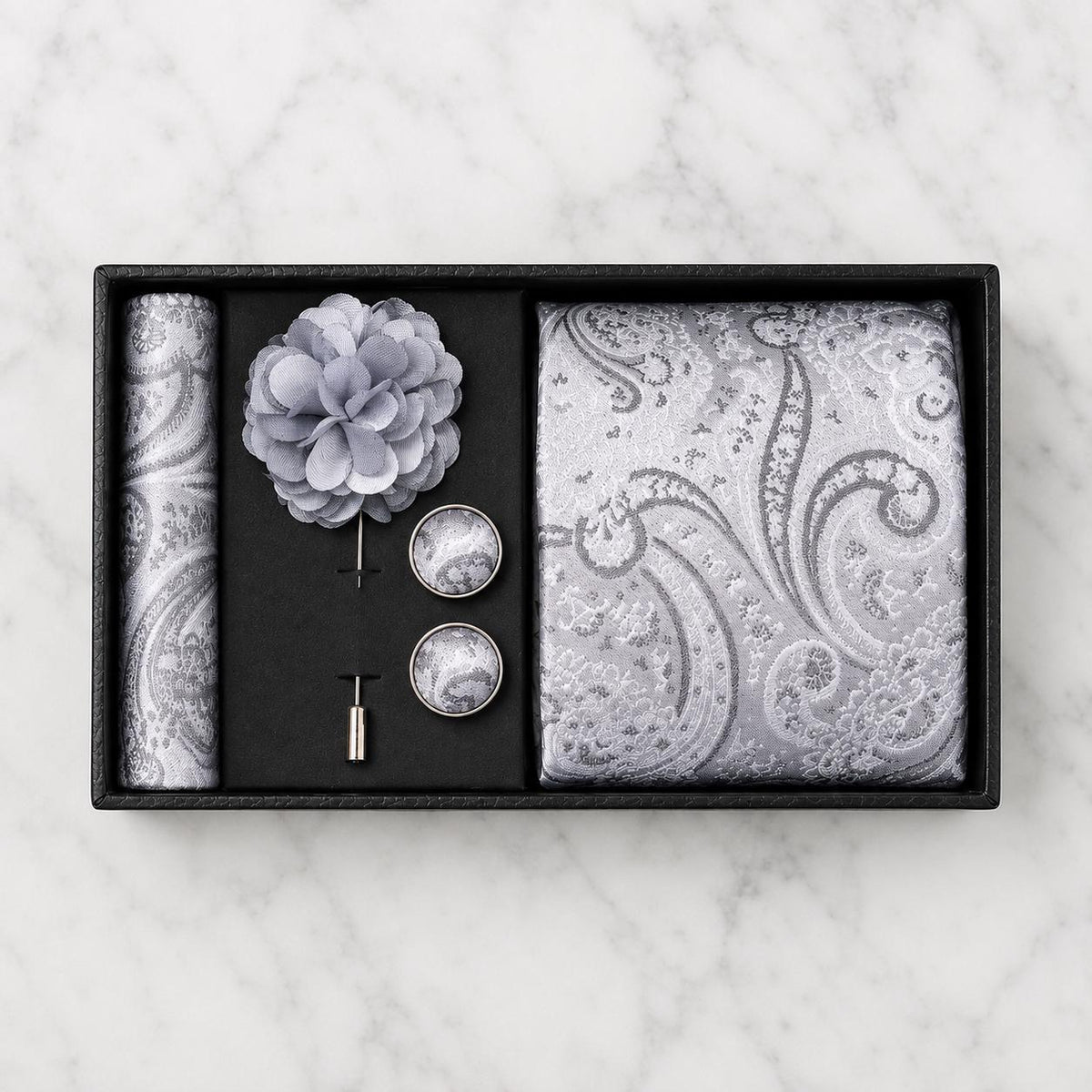 Silver & Grey Paisley Silk Tie Set / 4-Piece