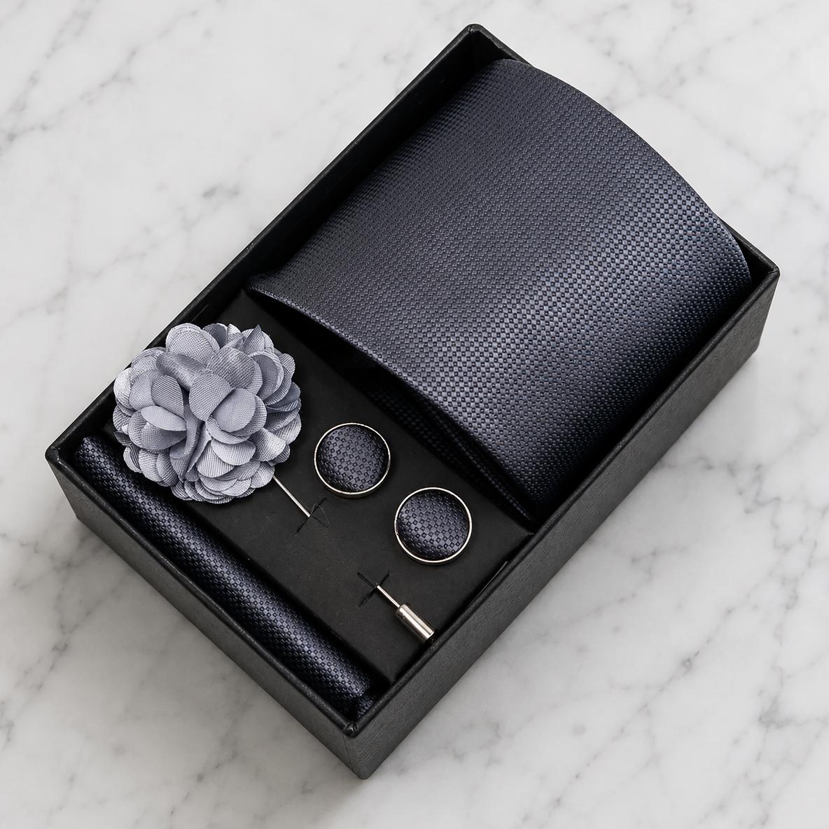 Charcoal Grey Textured Silk Tie Set / 4-Piece