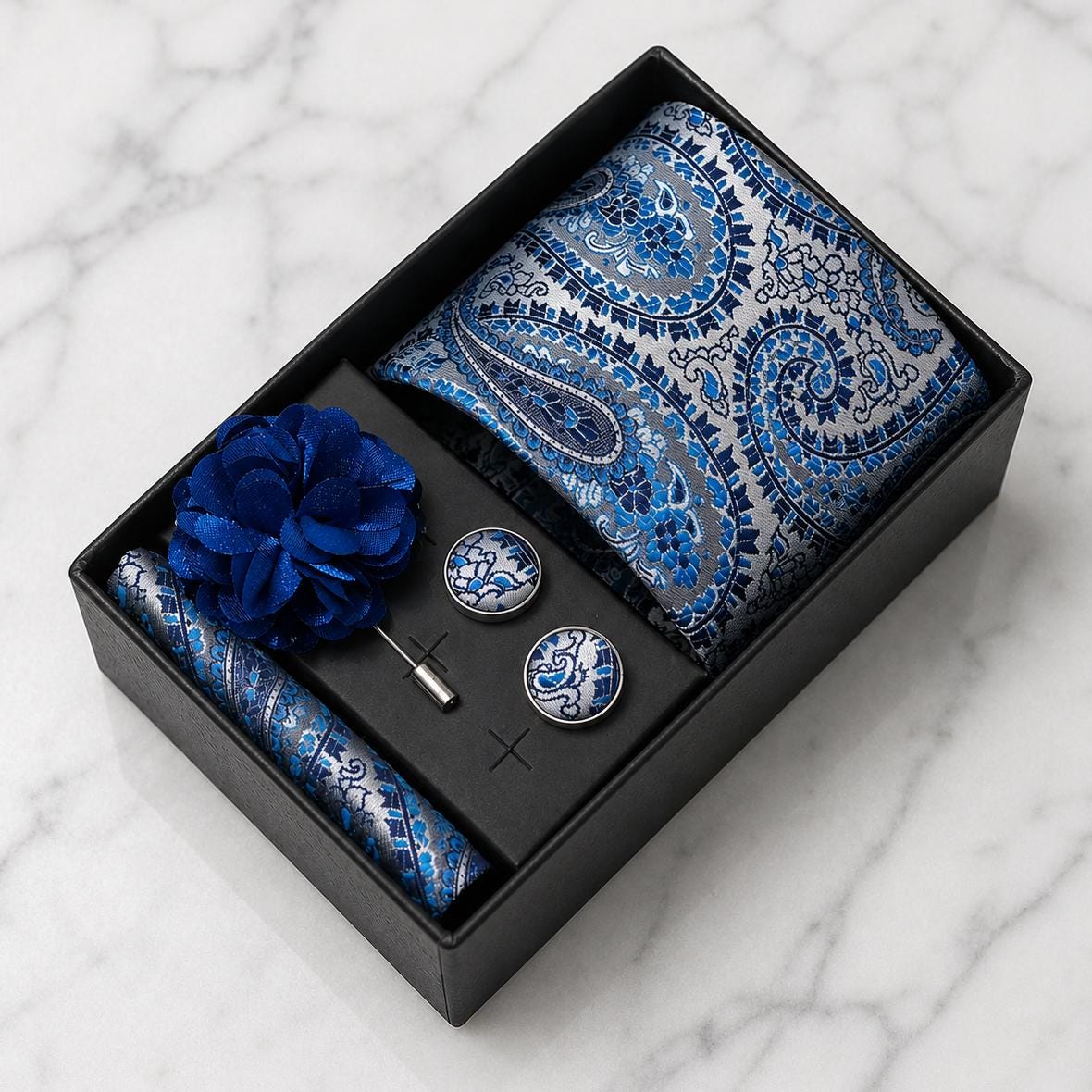 Silver & Shades of Blue Paisley Silk Tie Set / 4-Piece