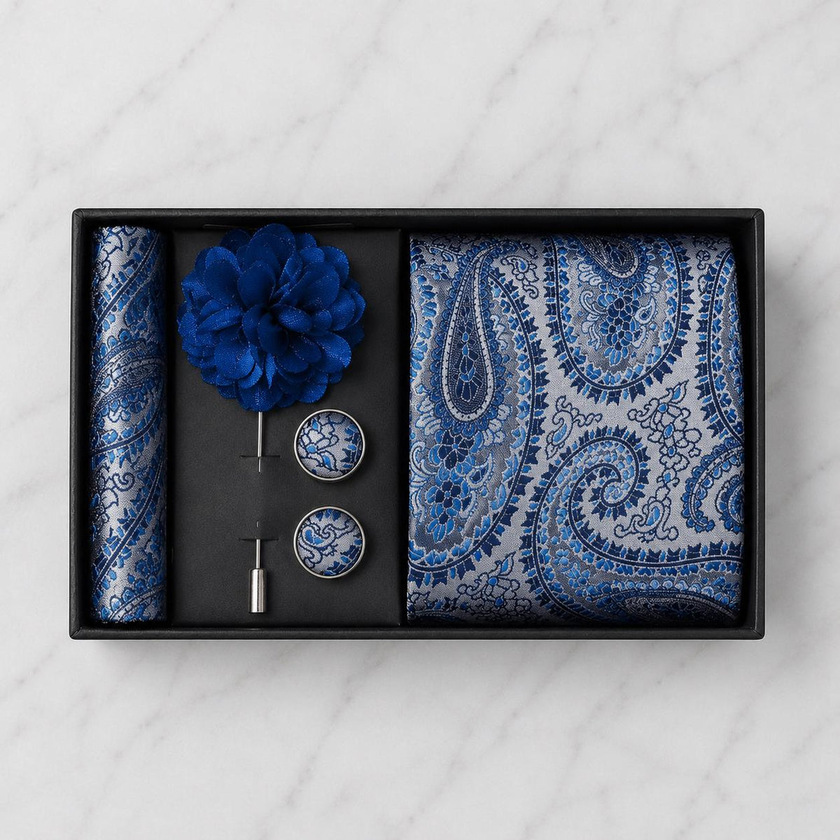Silver & Shades of Blue Paisley Silk Tie Set / 4-Piece