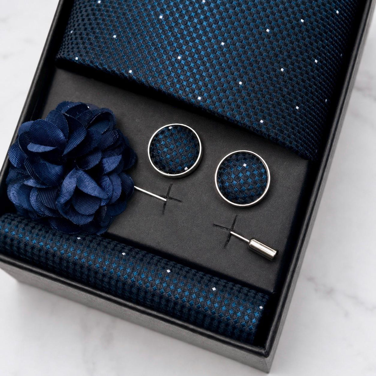 Navy Blue & Teal Textured Polka Dot Silk Tie Set / 4-Piece