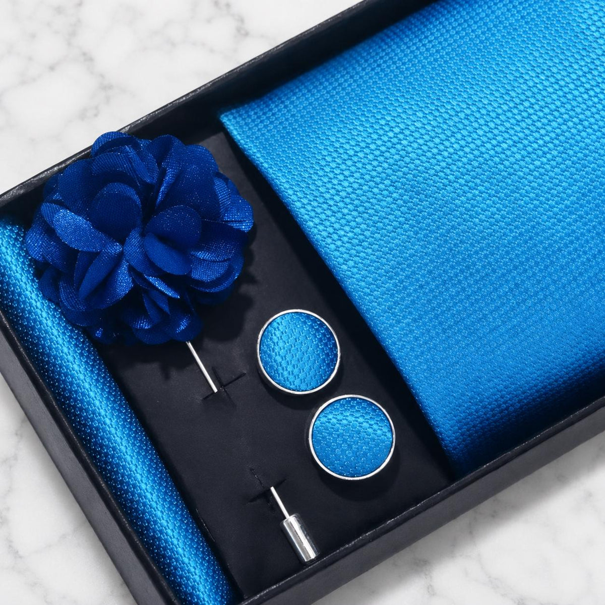 Sky Blue Textured Silk Tie Set / 4-Piece