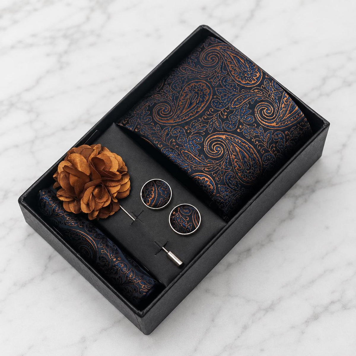 Navy Blue & Copper Brown Paisley Silk Tie Set / 4-Piece