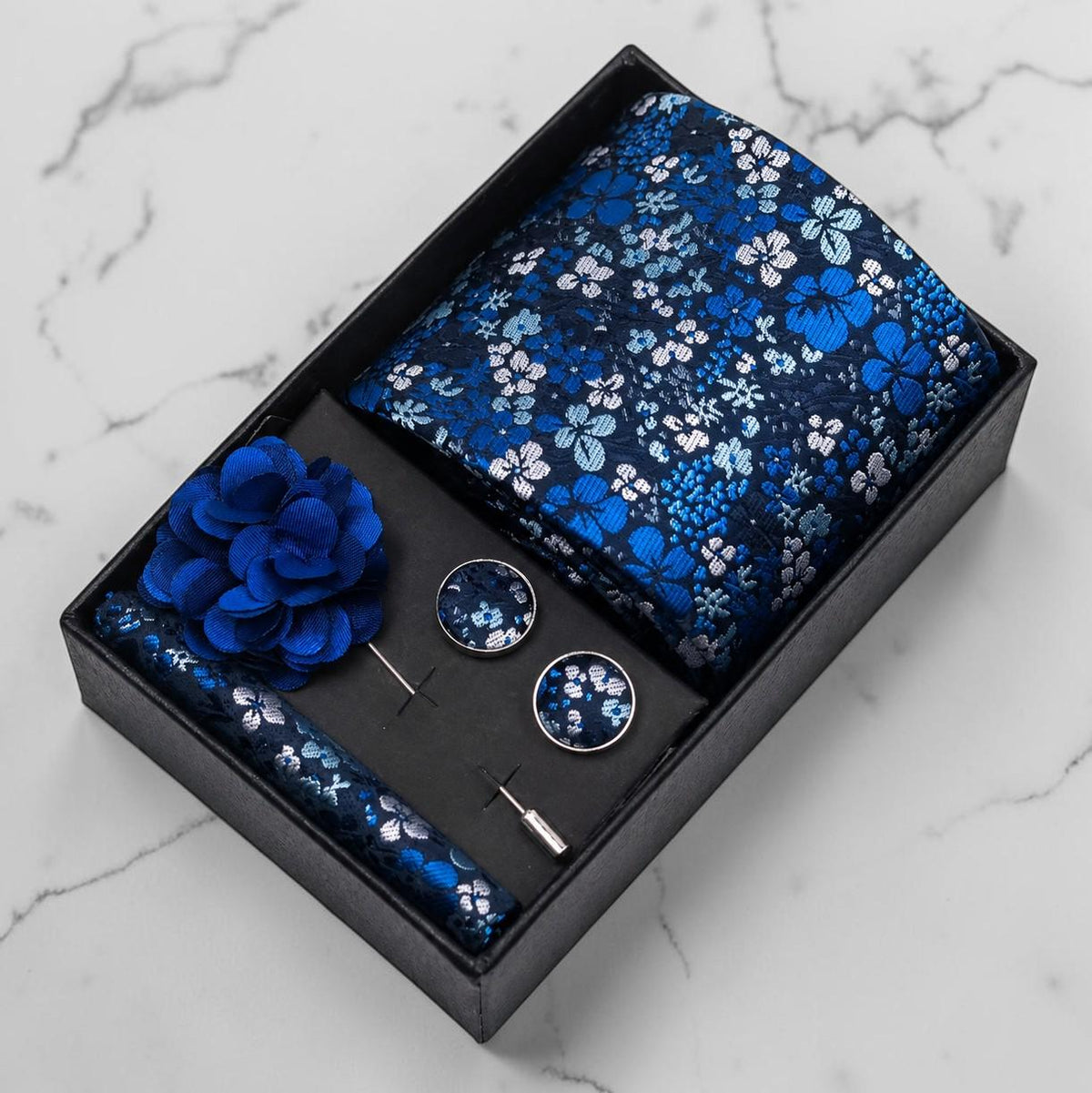 Shades of Blue & Silver Floral Silk Tie Set / 4-Piece
