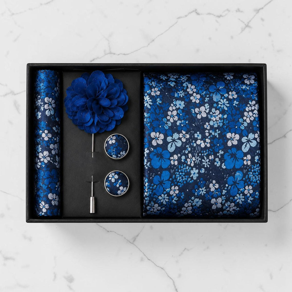 Shades of Blue & Silver Floral Silk Tie Set / 4-Piece