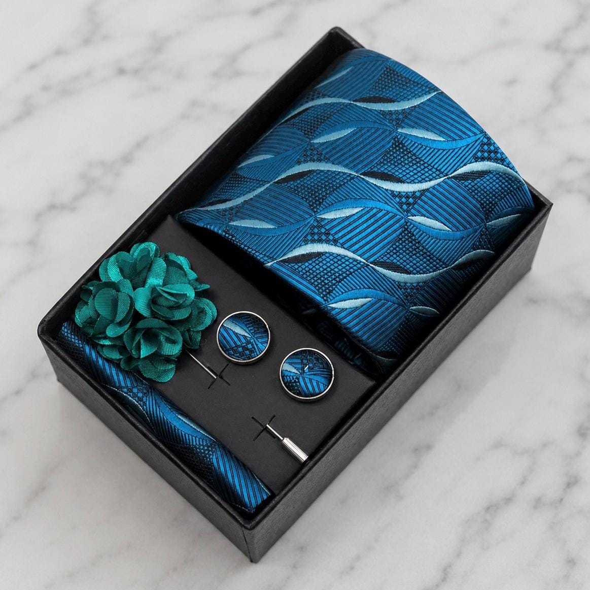 Blue Teal, Green Teal & Black Abstract Silk Tie Set / 4-Piece