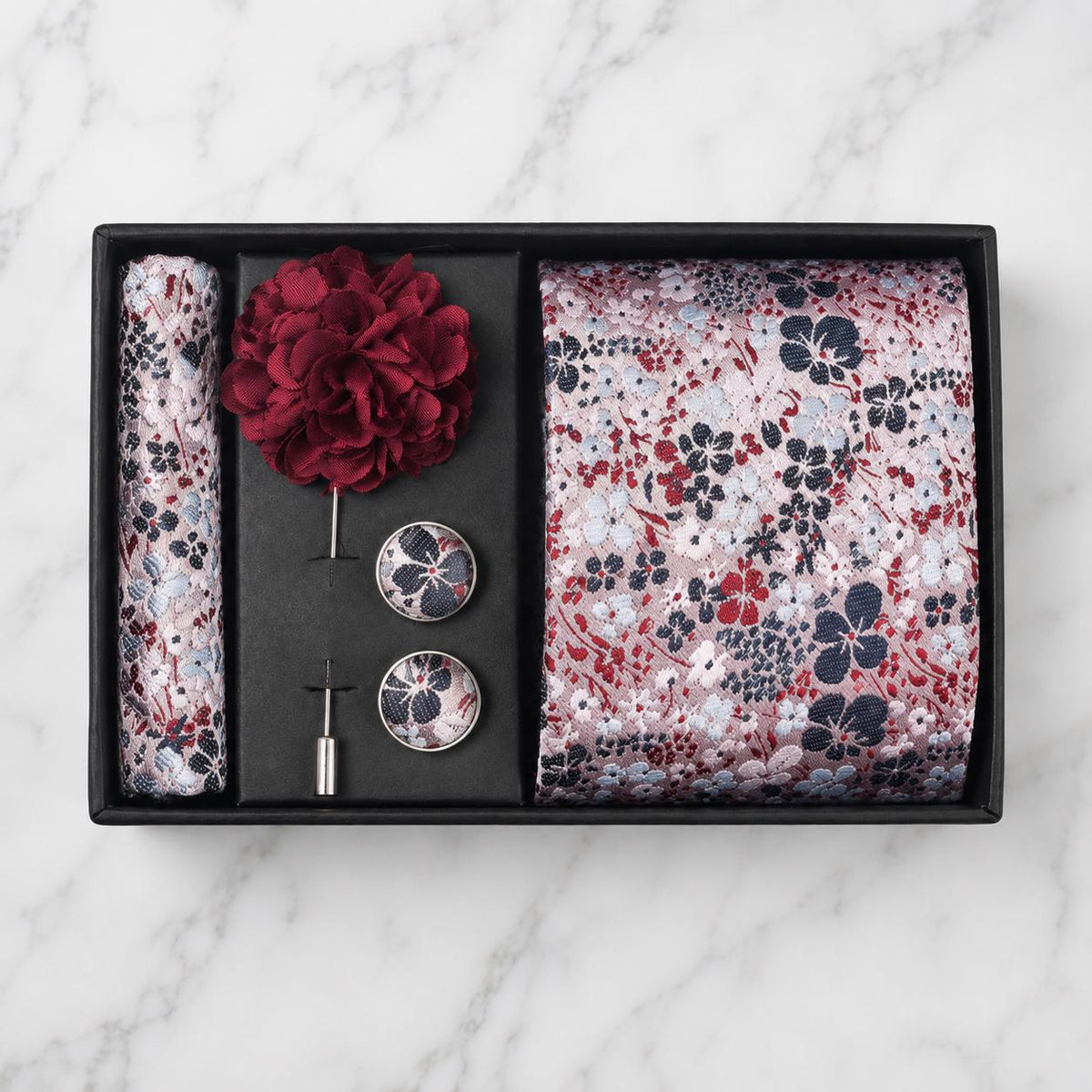 White, Navy & Burgundy Floral Silk Tie Set / 4-Piece