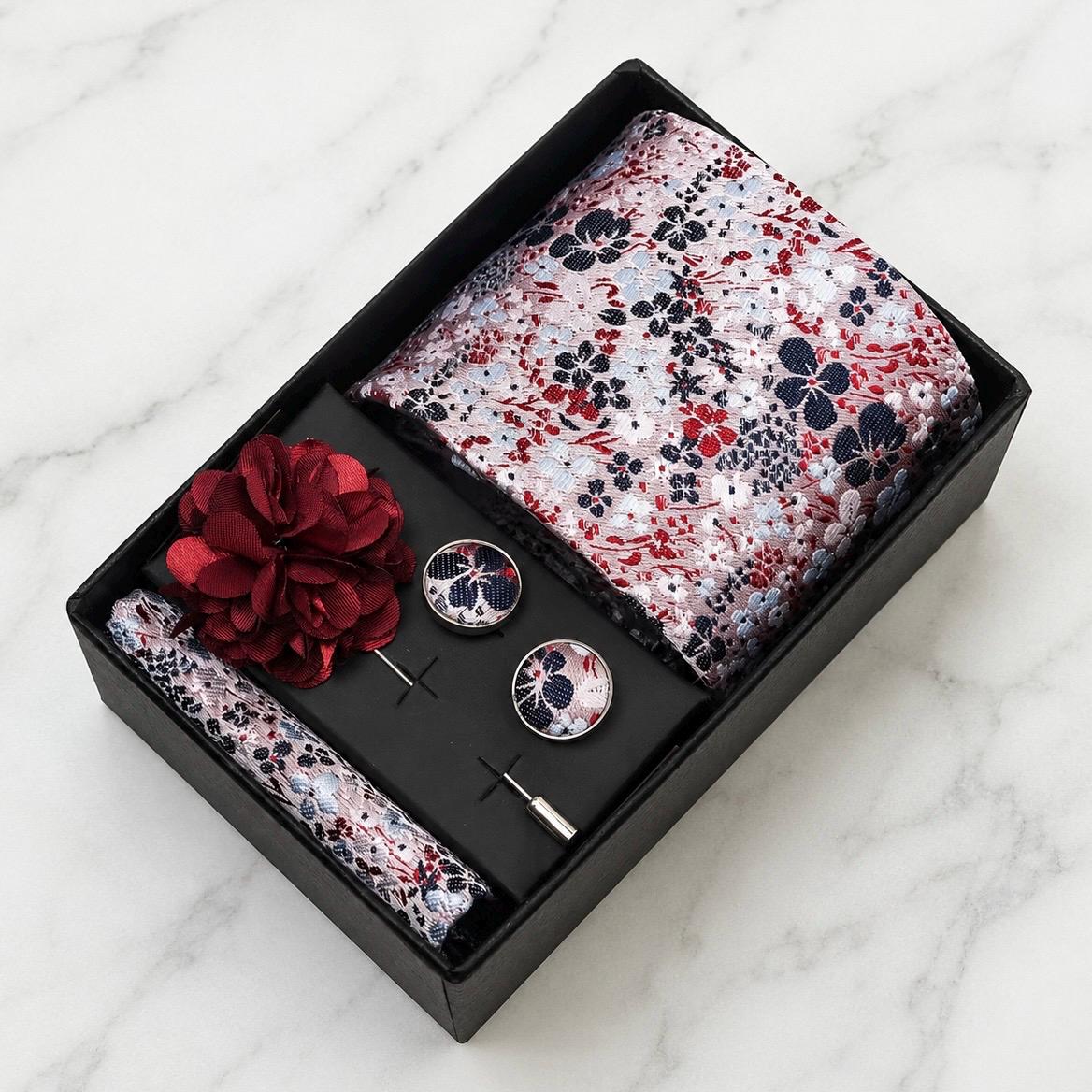 White, Navy & Burgundy Floral Silk Tie Set / 4-Piece