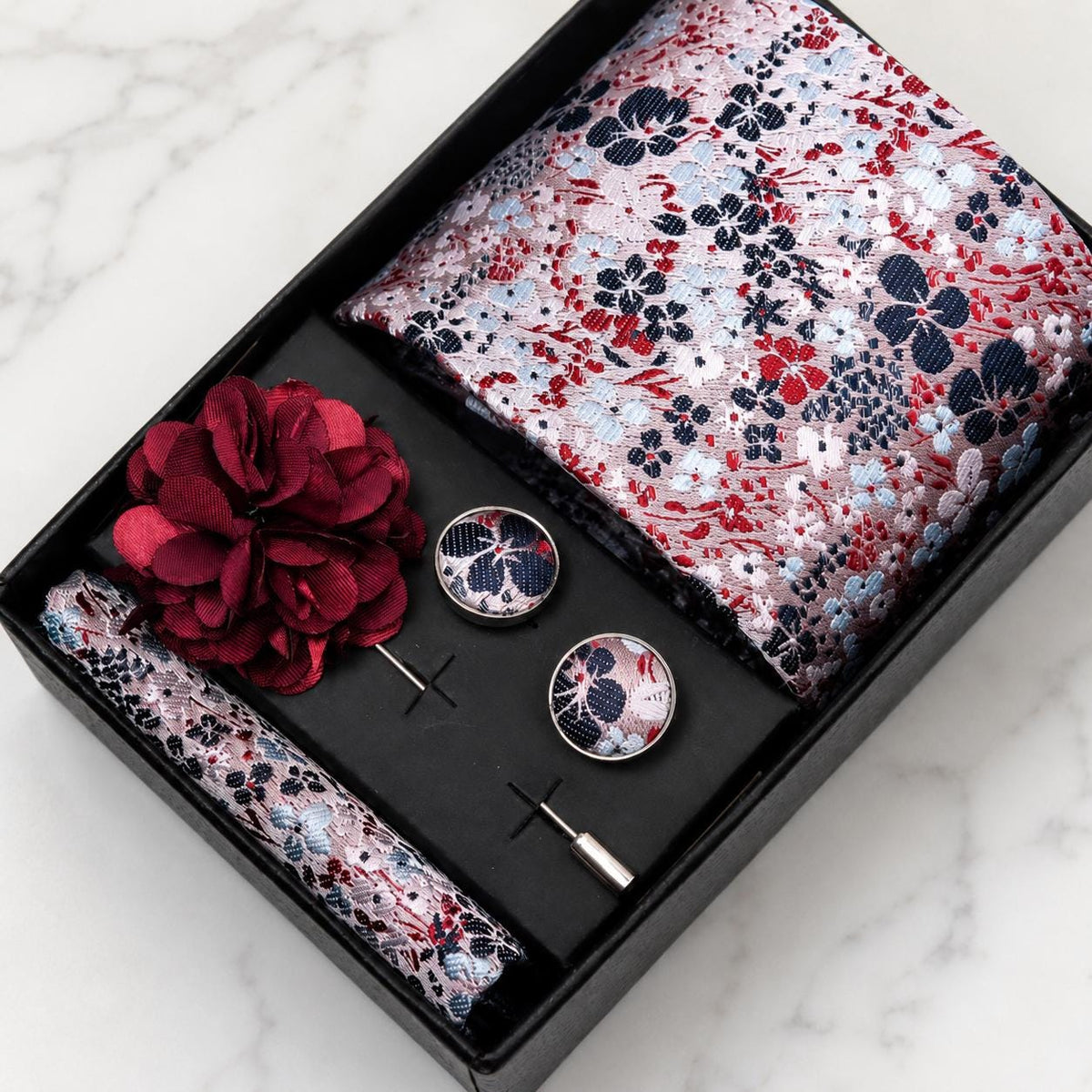 White, Navy & Burgundy Floral Silk Tie Set / 4-Piece