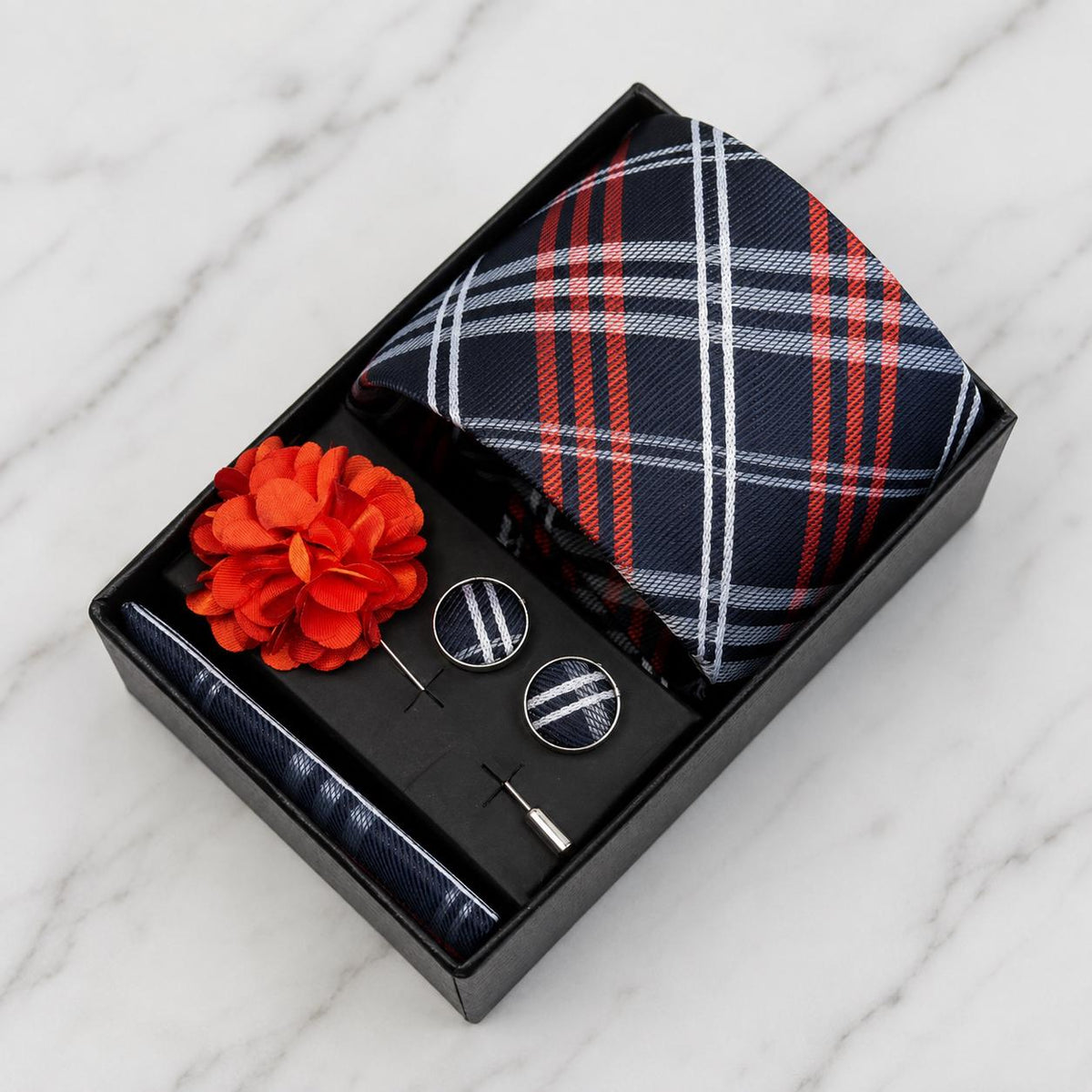 Navy Blue, Red & White Check Silk Tie Set / 4-Piece