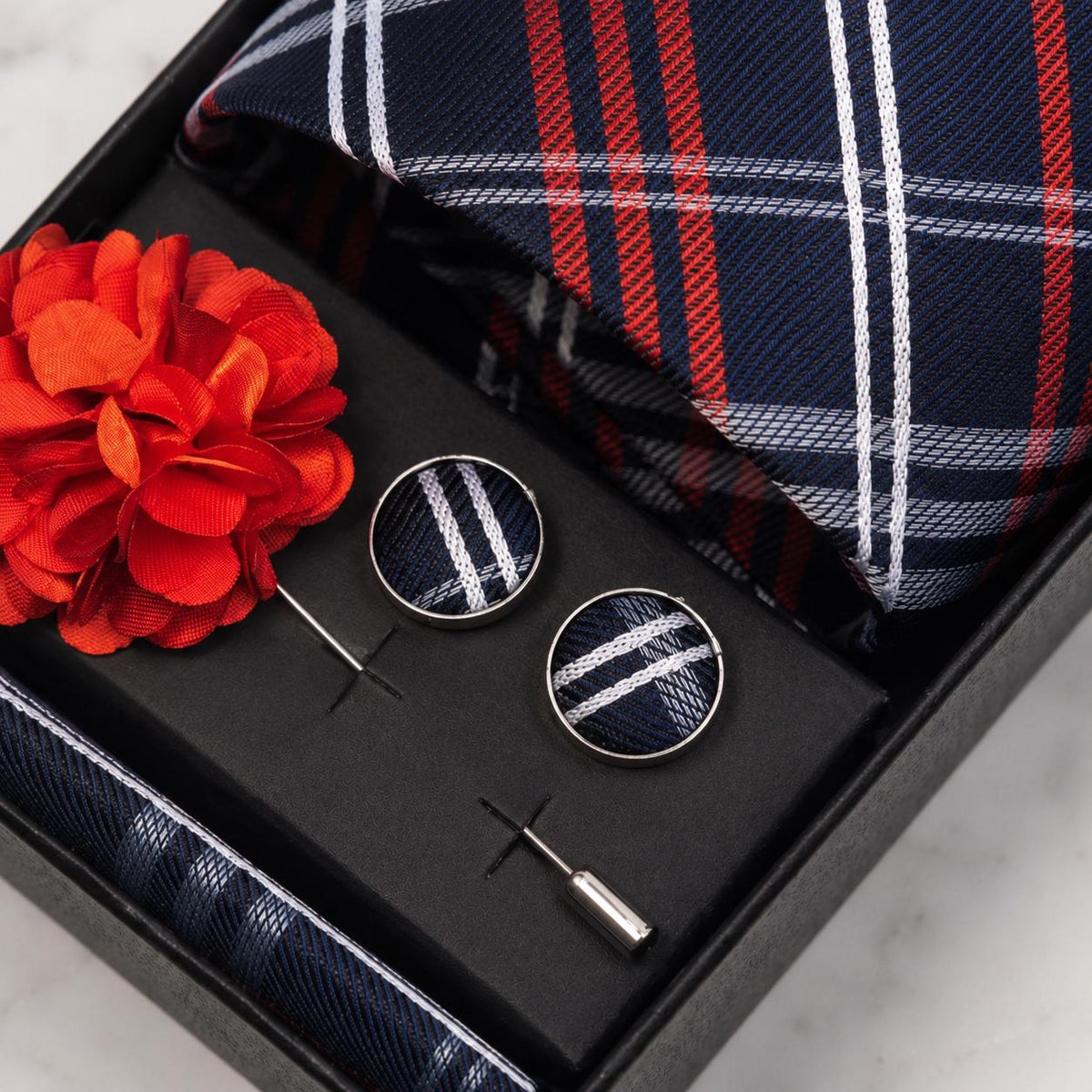 Navy Blue, Red & White Check Silk Tie Set / 4-Piece