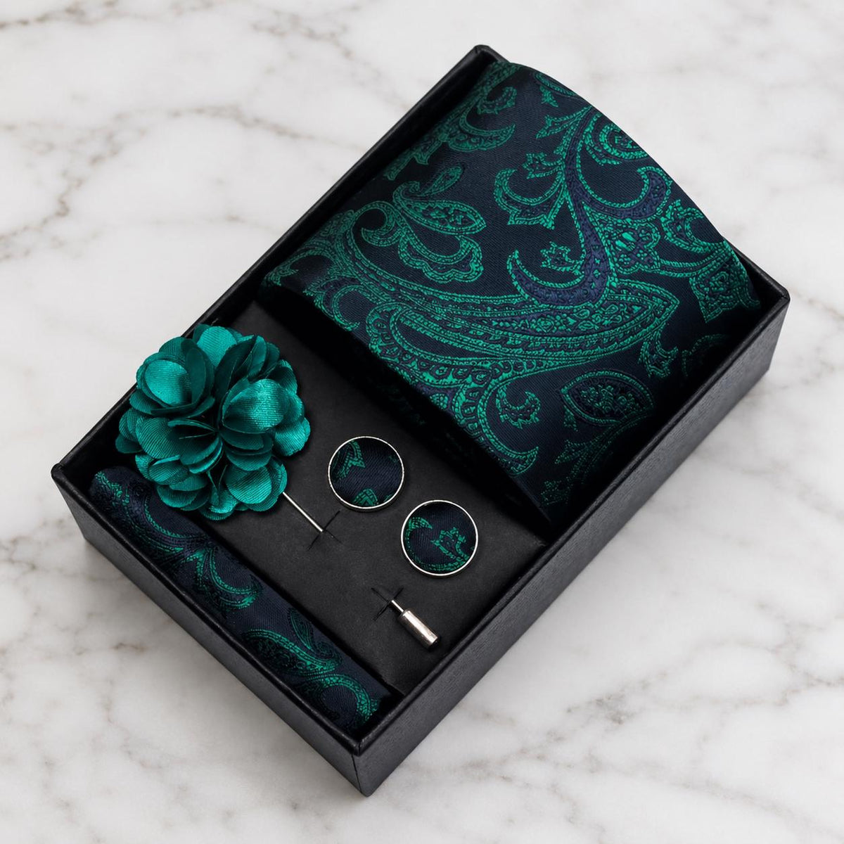 Navy Blue & Emerald Green Paisley Silk Tie Set / 4-Piece