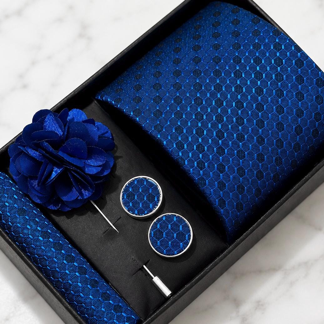 Royal Blue Honeycomb Silk Tie Set / 4-Piece