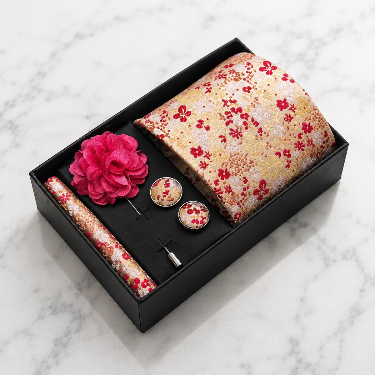 Champagne Gold, Red & Blush Floral Silk Tie Set / 4-Piece