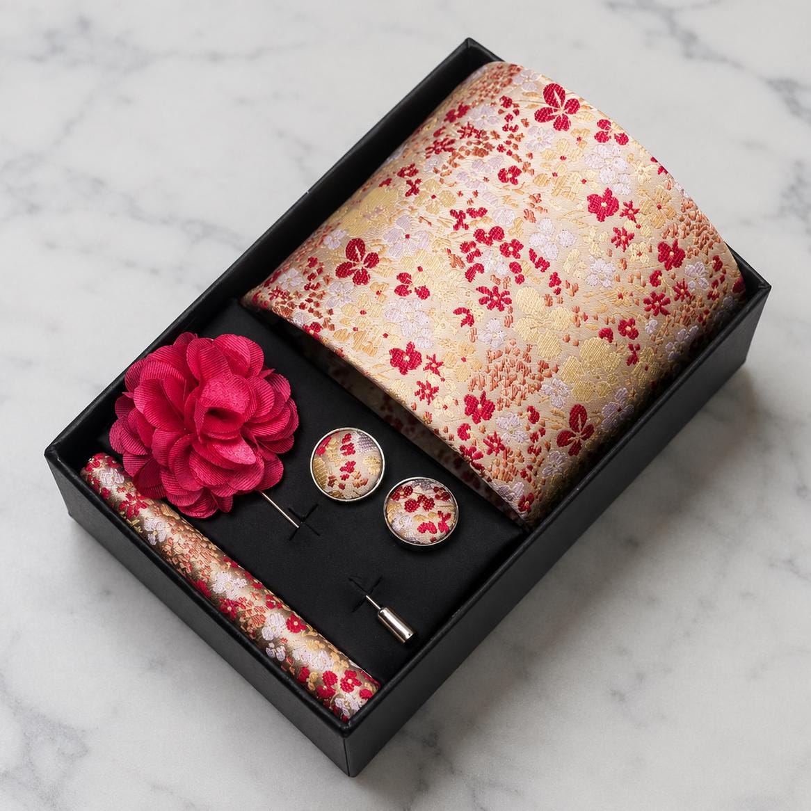 Champagne Gold, Red & Blush Floral Silk Tie Set / 4-Piece