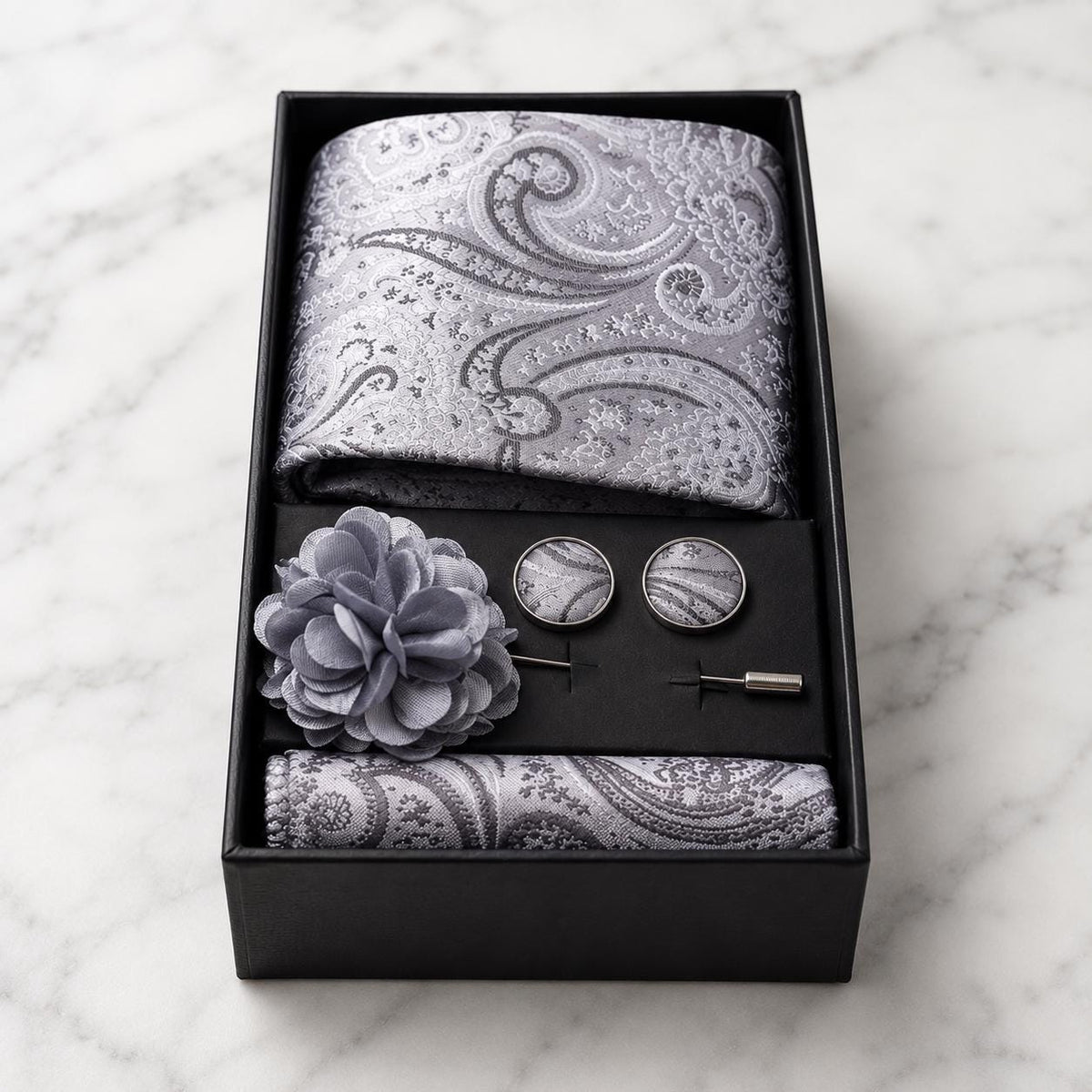 Silver & Grey Paisley Silk Tie Set / 4-Piece