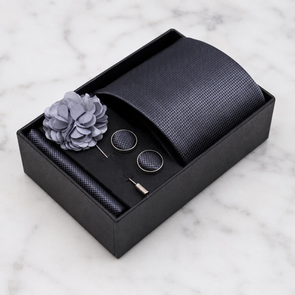 Charcoal Grey Textured Silk Tie Set / 4-Piece
