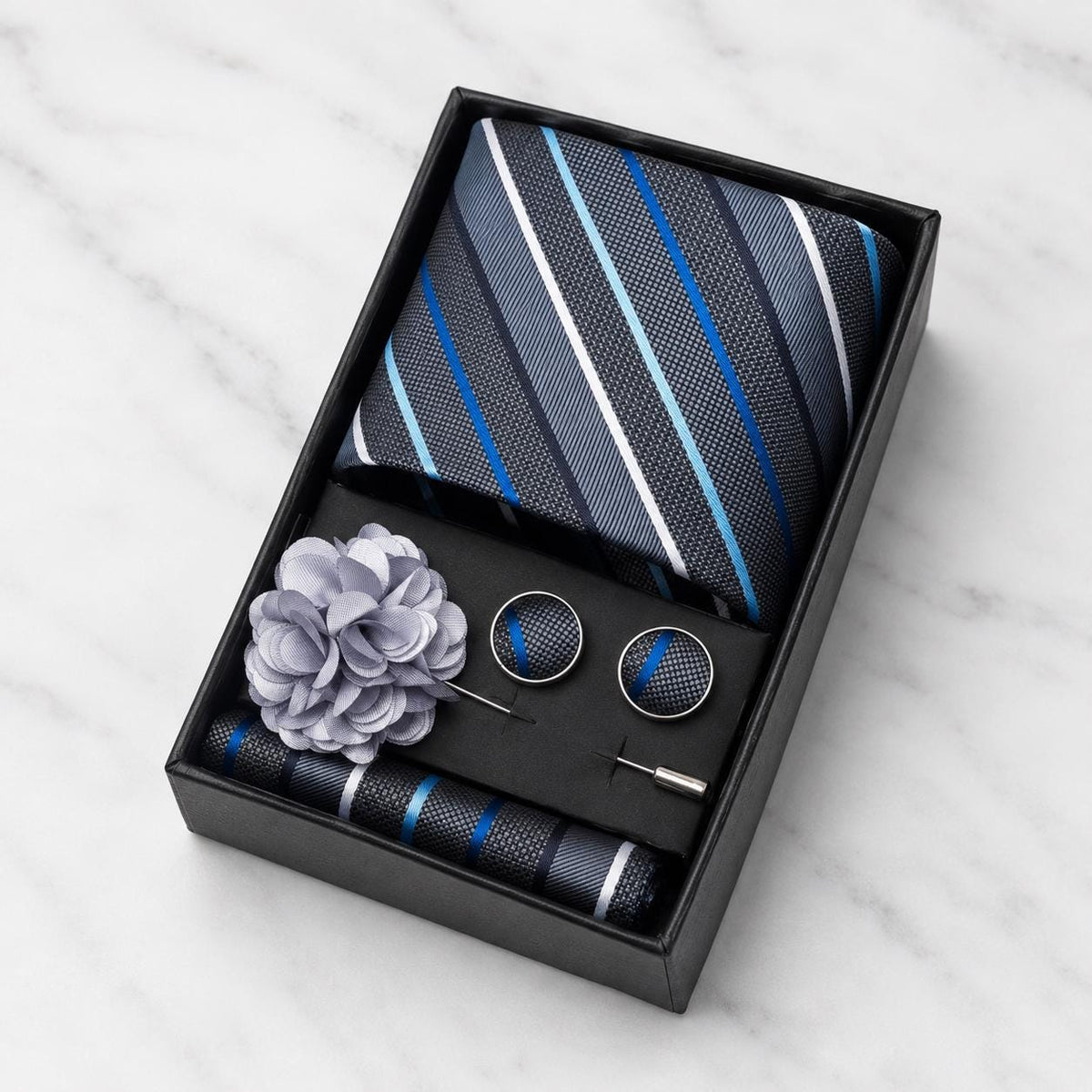 Charcoal Grey, Blue & Silver Striped Silk Tie Set / 4-Piece