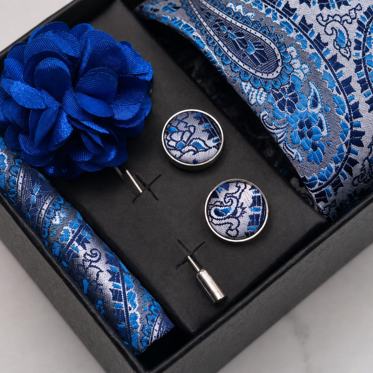 Silver & Shades of Blue Paisley Silk Tie Set / 4-Piece