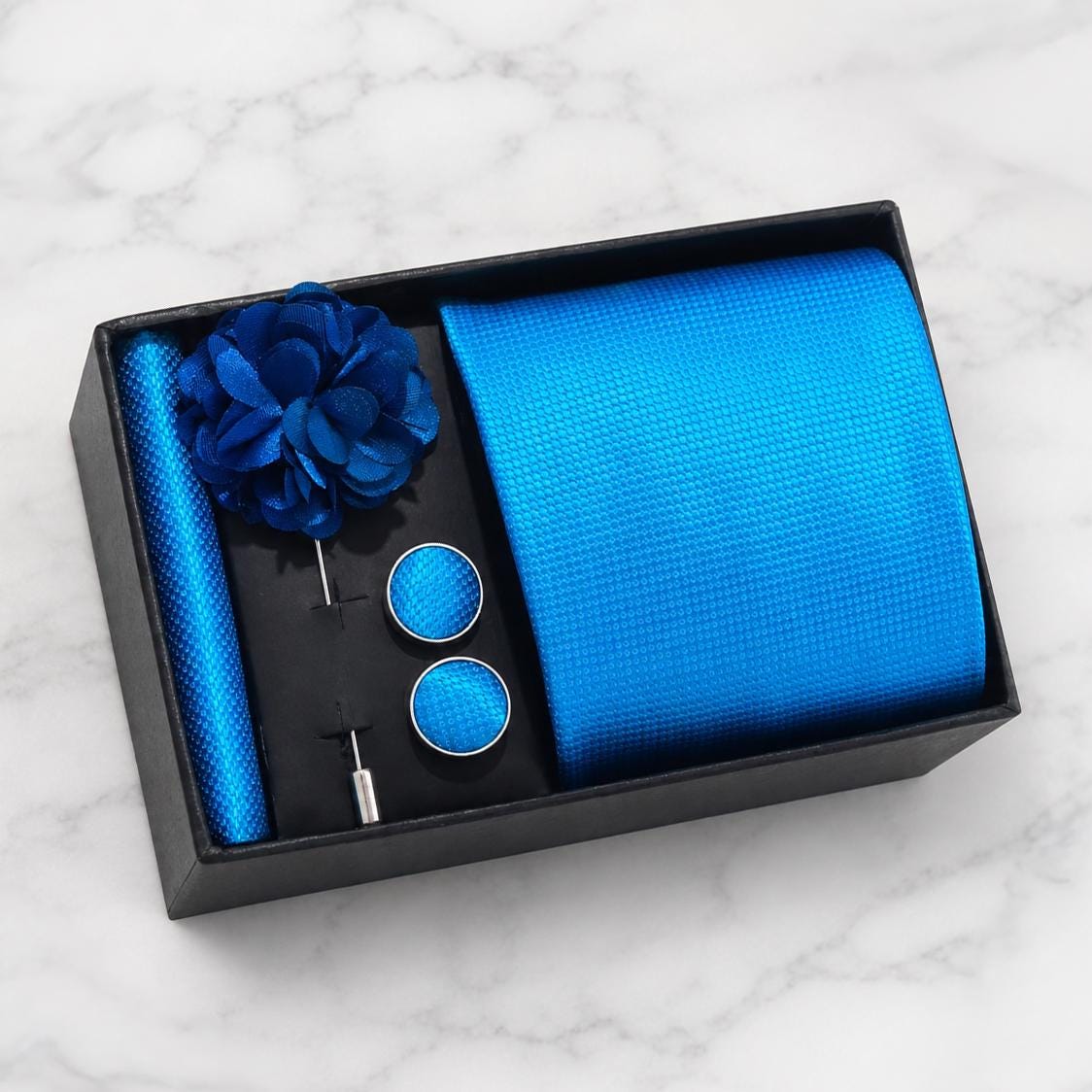 Sky Blue Textured Silk Tie Set / 4-Piece