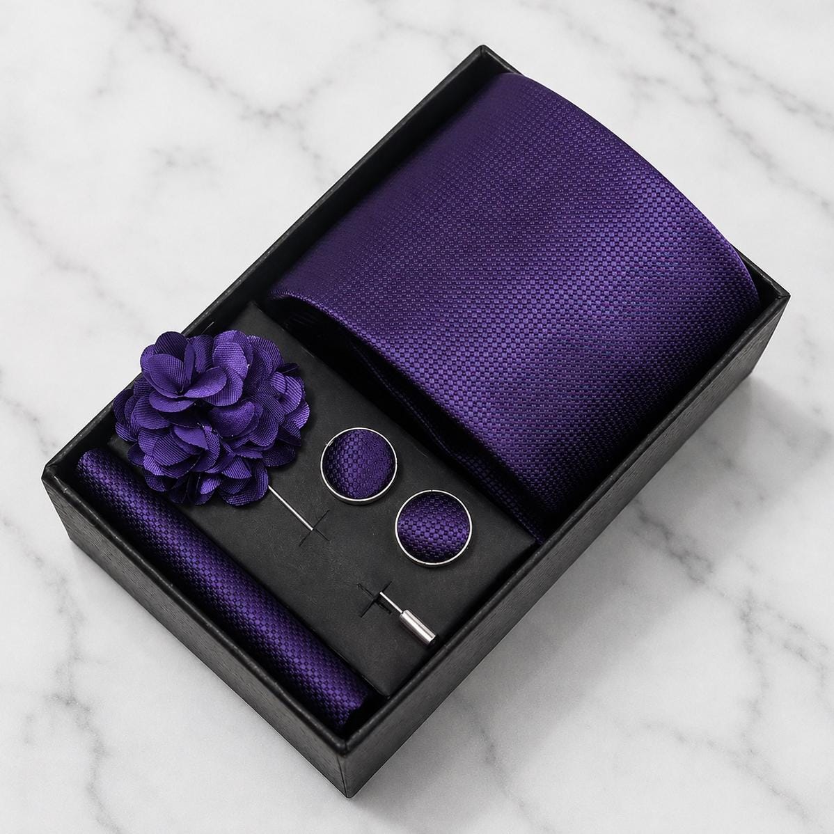 Deep Purple Textured Silk Tie Set / 4-Piece