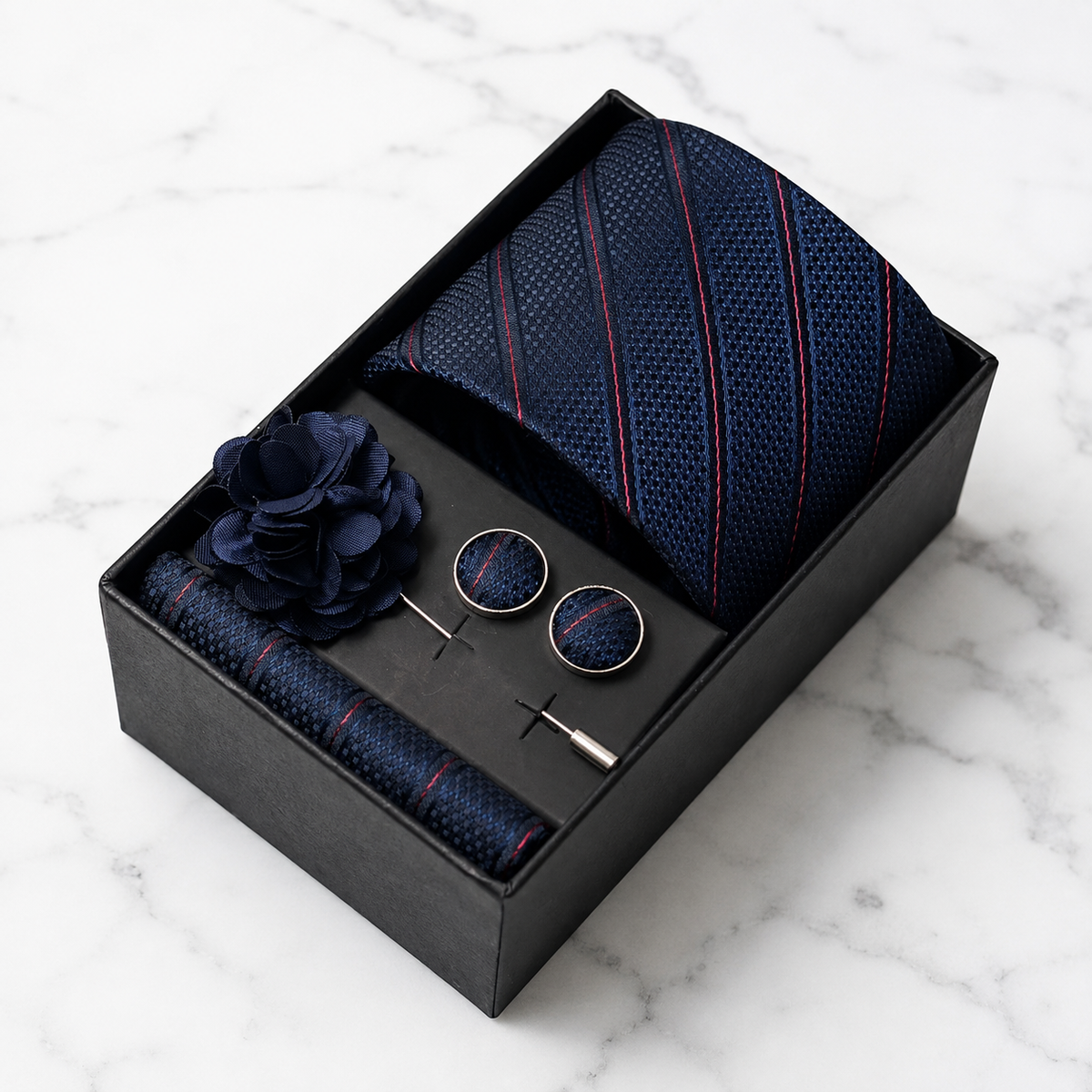 Navy & Red Striped Silk Tie Set / 4-Piece