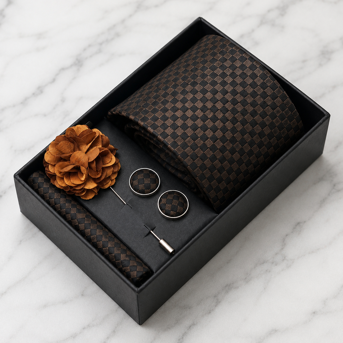 Dark Brown Check Silk Tie Set / 4-Piece