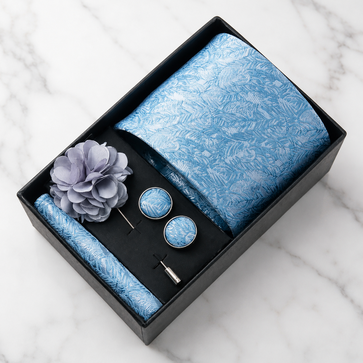 Ice Blue Botanical Silk Tie Set / 4-Piece