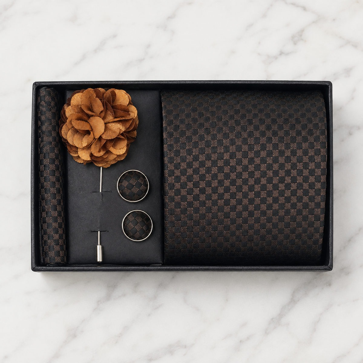 Dark Brown Check Silk Tie Set / 4-Piece