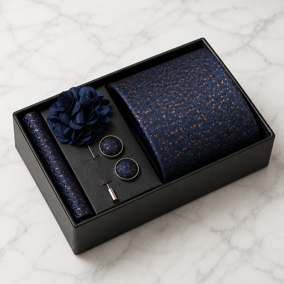 Navy & Copper Speckled Silk Tie Set / 4-Piece