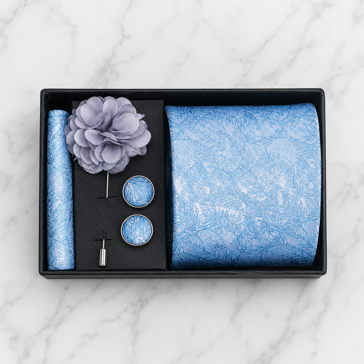 Ice Blue Botanical Silk Tie Set / 4-Piece