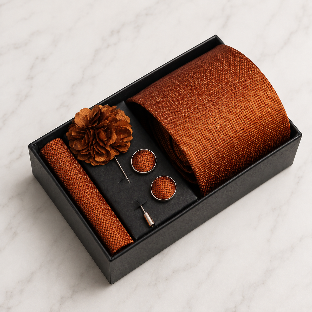 Copper Brown Textured Silk Tie Set / 4-Piece