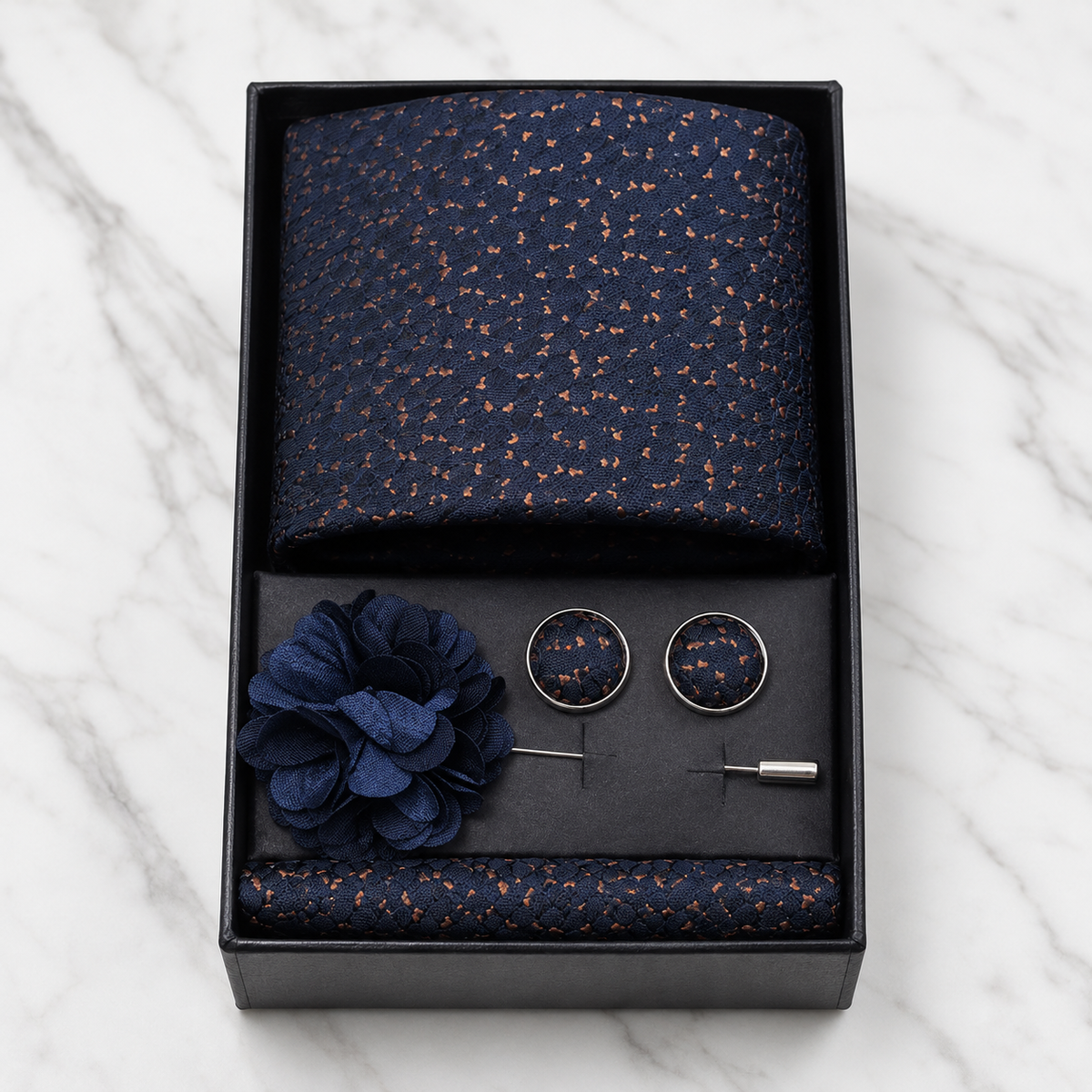 Navy & Copper Speckled Silk Tie Set / 4-Piece