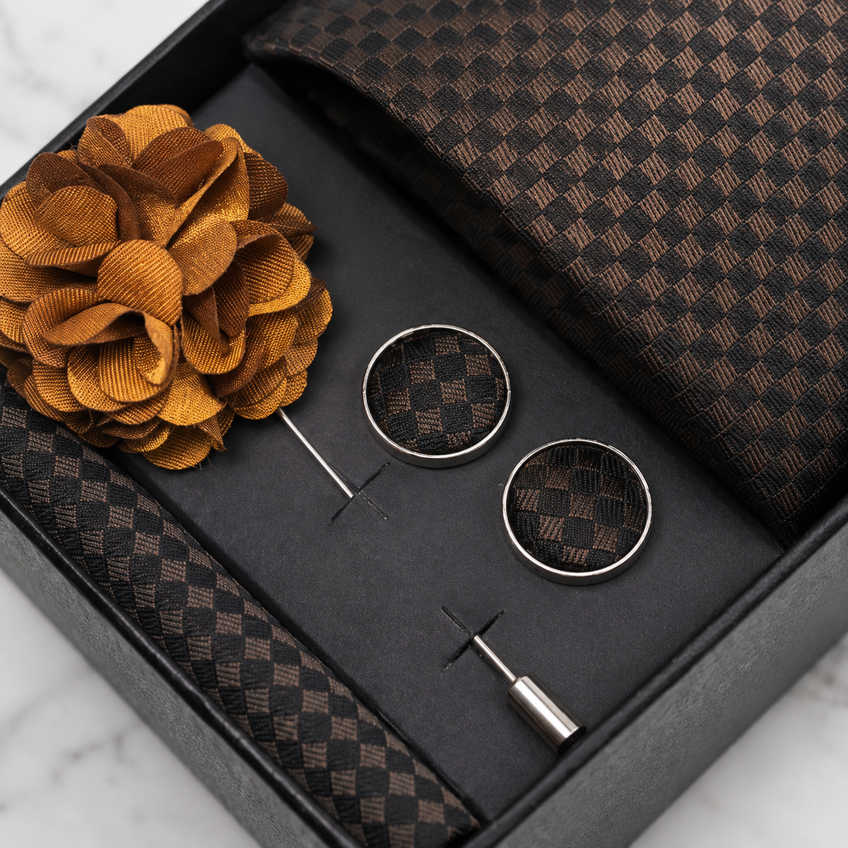 Dark Brown Check Silk Tie Set / 4-Piece
