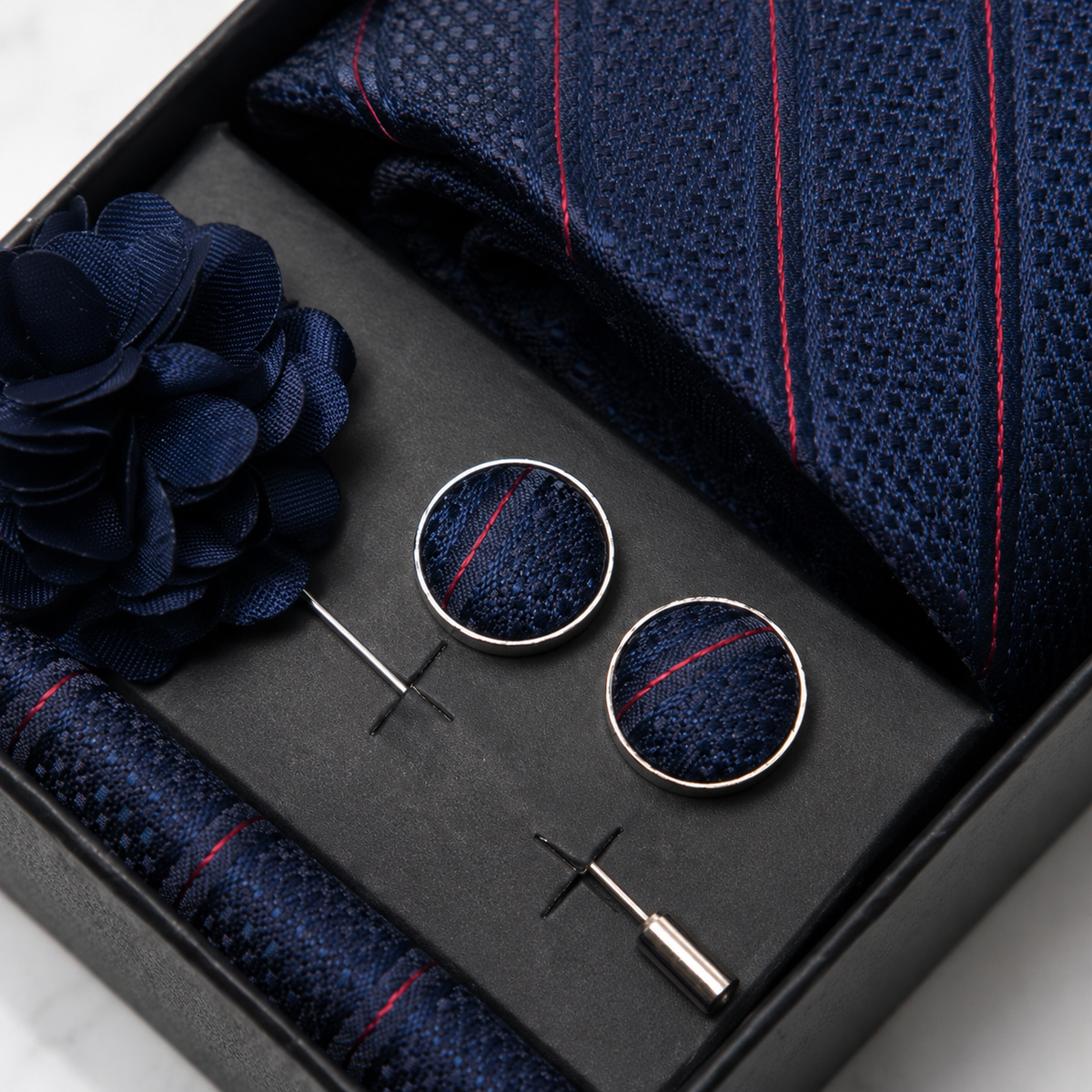 Navy & Red Striped Silk Tie Set / 4-Piece