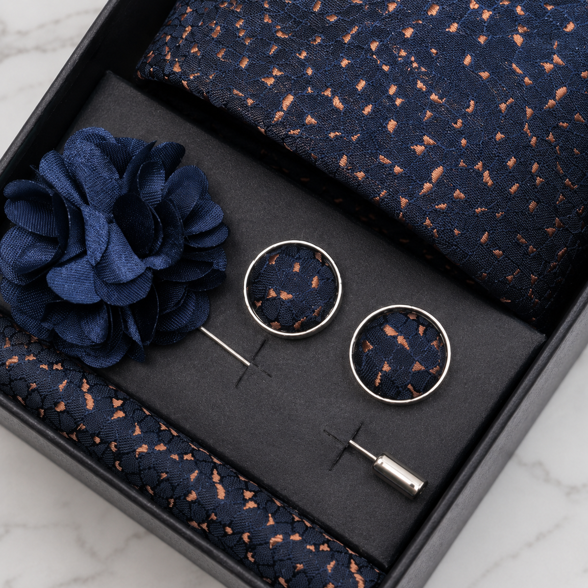 Navy & Copper Speckled Silk Tie Set / 4-Piece