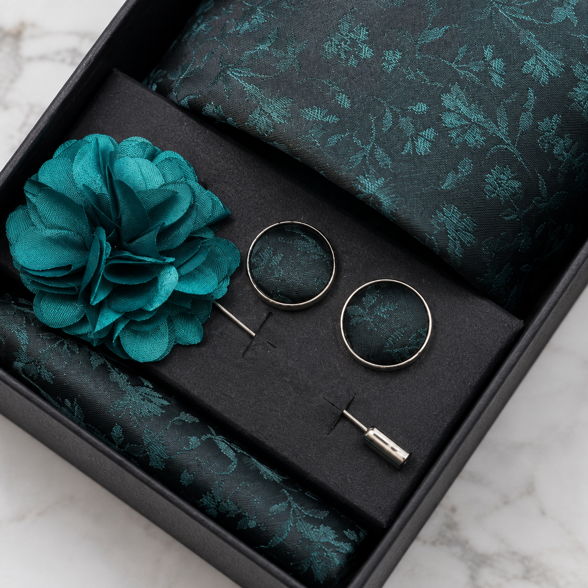 Teal Botanical Silk Tie Set / 4-Piece