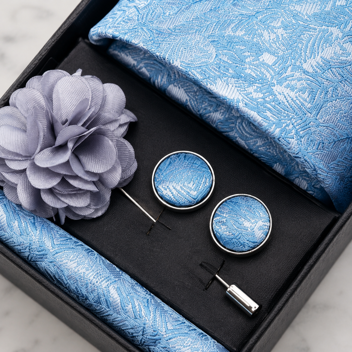 Ice Blue Botanical Silk Tie Set / 4-Piece