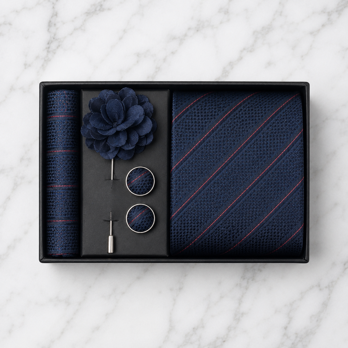 Navy & Red Striped Silk Tie Set / 4-Piece