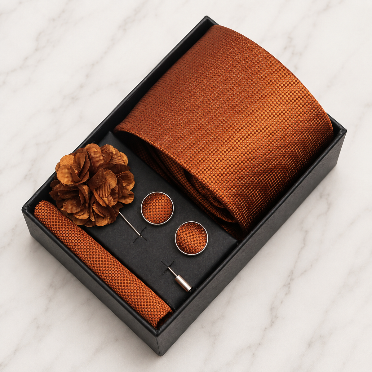 Copper Brown Textured Silk Tie Set / 4-Piece