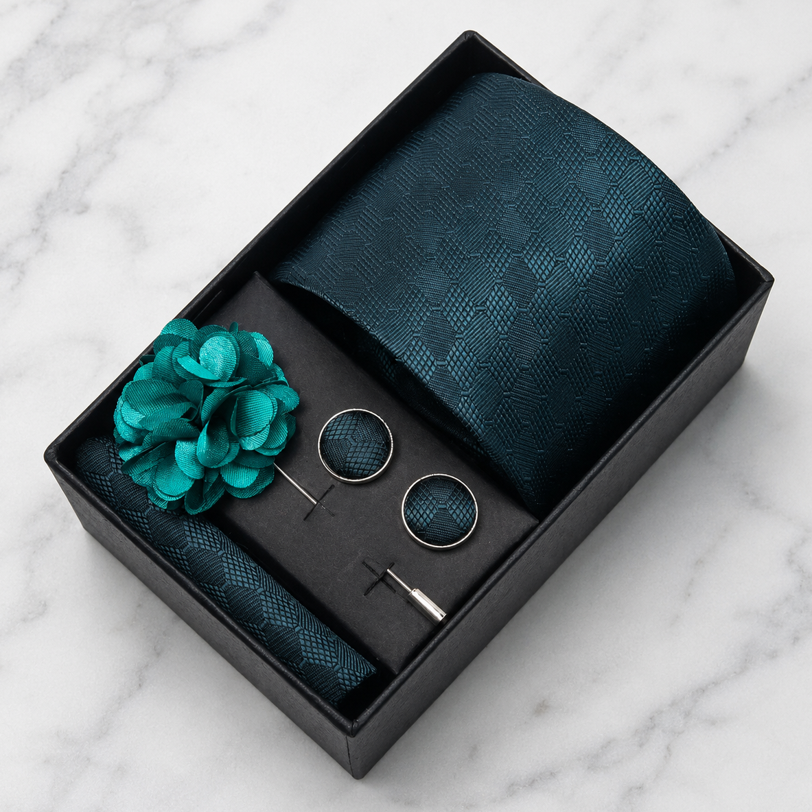 Deep Teal Tonal Diamond Geometric Silk Tie Set / 4-Piece