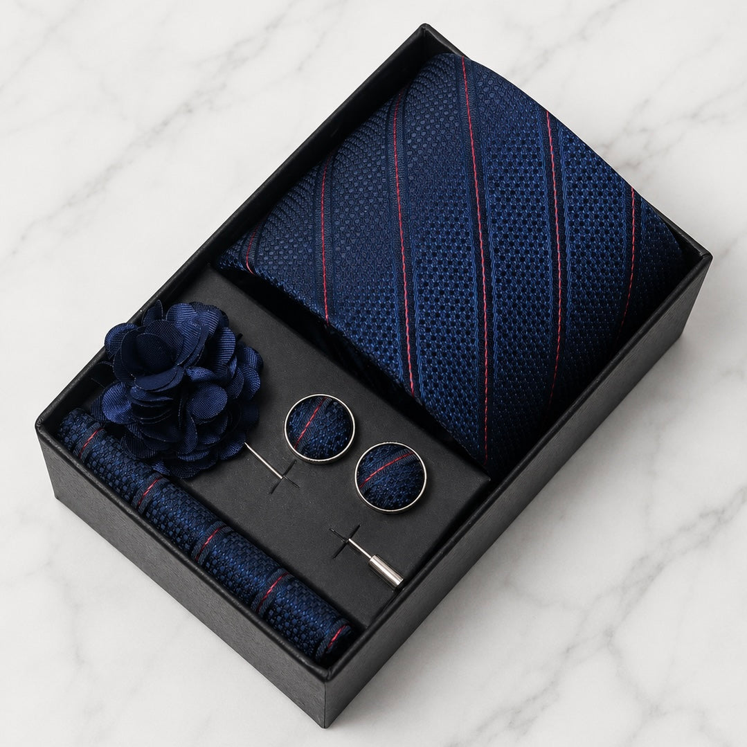 Navy & Red Striped Silk Tie Set / 4-Piece