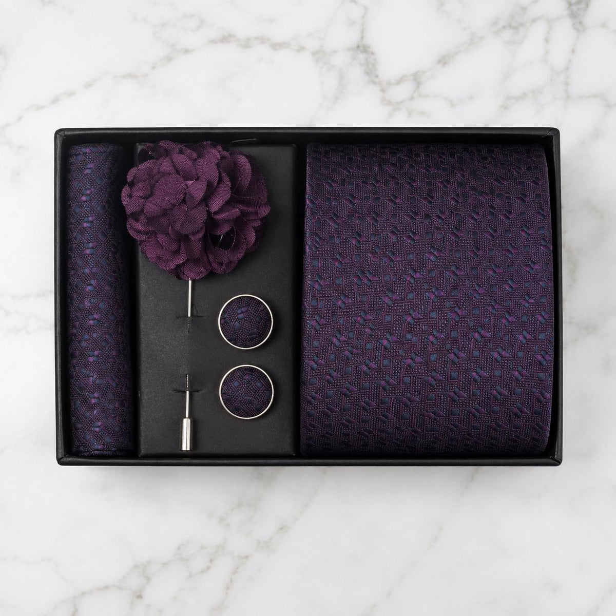 Deep Plum Geometric Micro-Pattern Silk Tie Set / 4-Piece