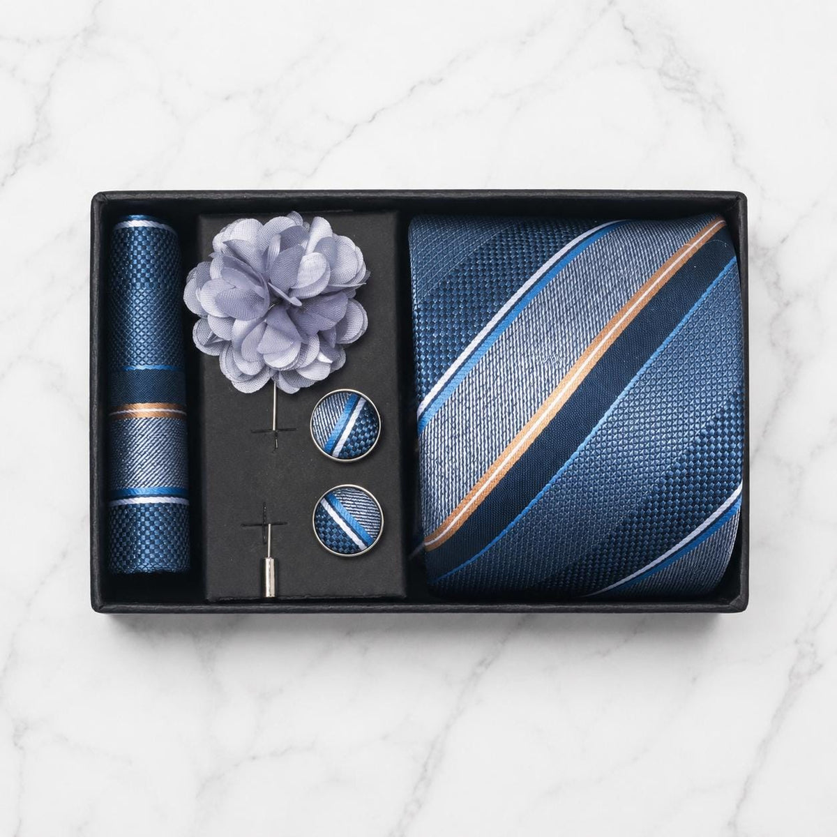 Navy Blue & Copper Striped Silk Tie Set / 4-Piece