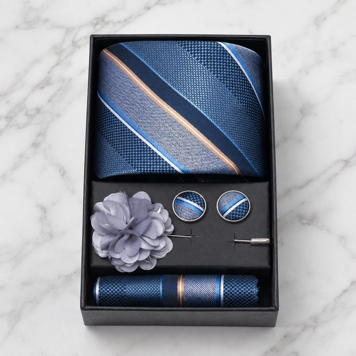 Navy Blue & Copper Striped Silk Tie Set / 4-Piece