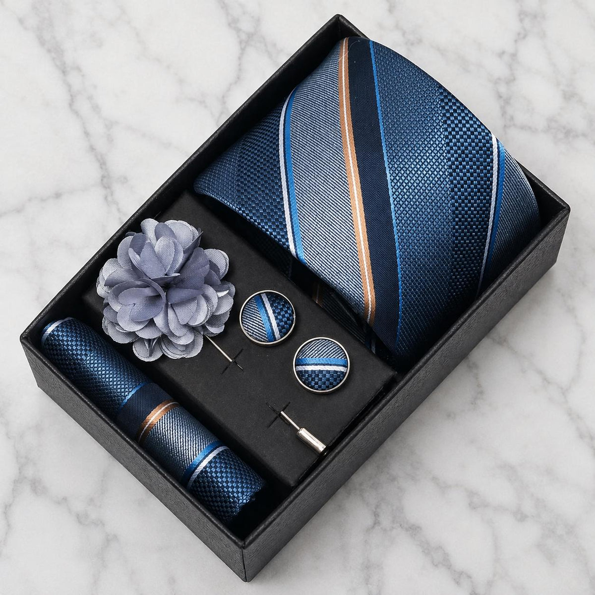 Navy Blue & Copper Striped Silk Tie Set / 4-Piece