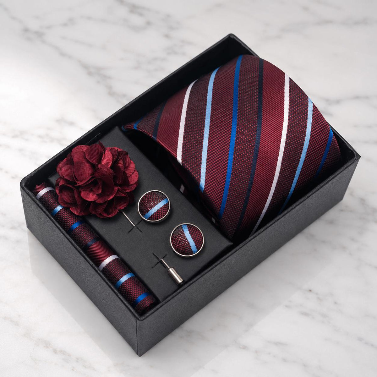 Burgundy, Navy & Light Blue Striped Silk Tie Set / 4-Piece