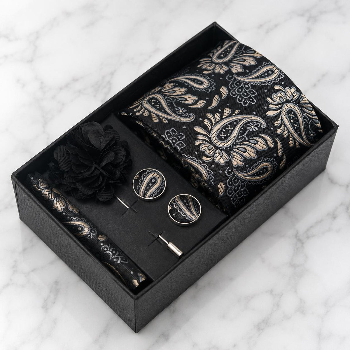 Black, Silver Grey & Champagne Paisley Silk Tie Set / 4-Piece