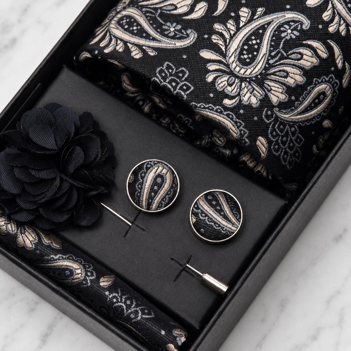 Black, Silver Grey & Champagne Paisley Silk Tie Set / 4-Piece