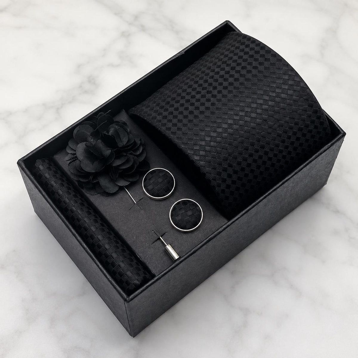 Black Tonal Check Silk Tie Set / 4-Piece